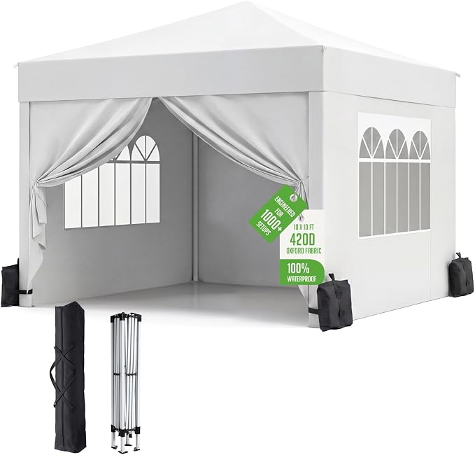 Upgraded 18% Thicker 420D Fabric Tearproof 10x10 Pop Up Canopy Tent with 4 Side Wall, 3 Steps Easy Setup, Durable Steel Truss, Outdoor Sun Shade for Events, Parties, Camping Durable Steel Truss