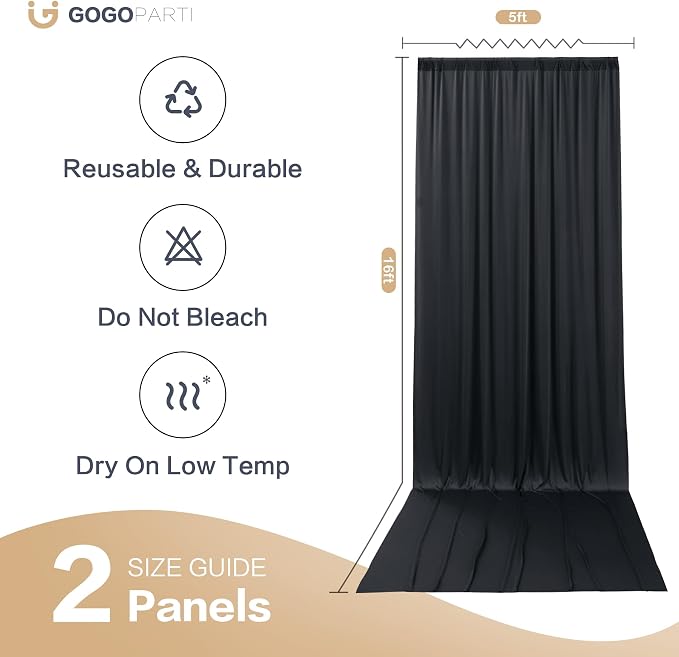 10x16ft Black Backdrop Curtains for Wedding Party, 2 Panels 16 ft Long Back Drop Cloth, Wrinkle-Free Polyester Drapes for Birthday, Baby Shower, Stage Photography Background