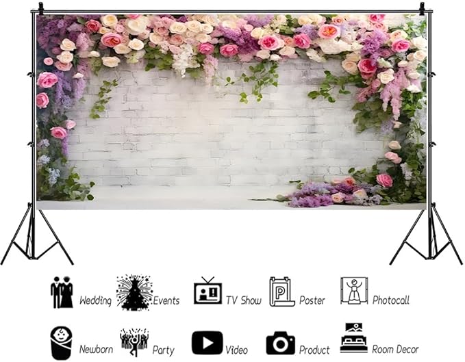 15x8ft Retro White Brick Wall Floral Backdrop Romantic Roses Vine Leaves Photography Background Girls Birthday Party Wedding Bridal Shower Flowers Brick Wall Decoration Supplies Photo Booth Props