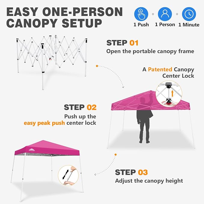 EAGLE PEAK 10x10 Slant Leg Pop-up Canopy Tent Easy One Person Setup Instant Outdoor Beach Canopy Folding Portable Sports Shelter 10x10 Base 8x8 Top (Pink)