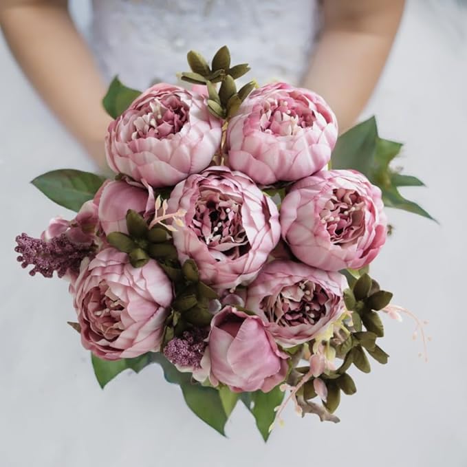 2 Packs Artificial Peony Flowers Silk Peonies Fake Flower Bouquet Arrangements for Home Wedding Party Decoration (Sweetened Bean)