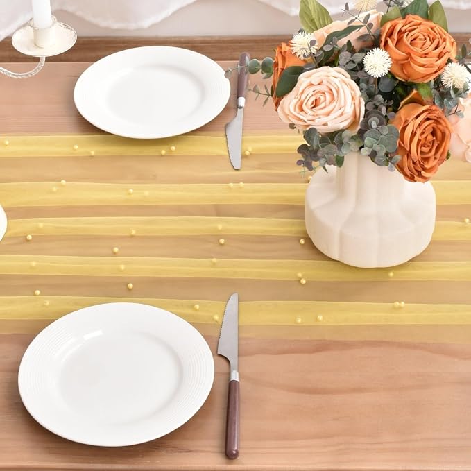 Yellow Pearl Table Runner Boho Rustic Tulle Lace Dining Baby Shower Wedding Arch Decor Veil Dessert Holiday Centerpiece Table Decor