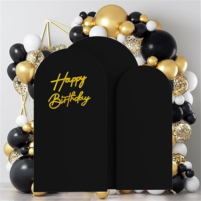HAINARverS 6FT//6.6FT7.2FT Black Arch Backdrop Cover Spandex with Glitter Gold Happy Birthday Sign for Wedding Birthday Party Ceremony Banquet Decoration(Black)