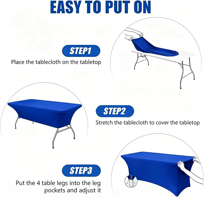Spandex Tablecloth 6 Pack, 8FT Royal Blue Fitted Table Covers for 96 x 30 in Rectangle Tables, Washable Stretch Table Cloths for Trade Shows, Weddings, Parties & Banquets