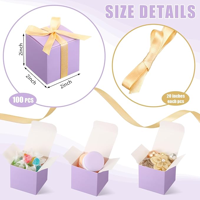 Jutom 100 Pcs Mini Favor Boxes Extra Small Candy Boxes Paper with Gold Ribbon for Baby Shower Birthday Wedding Anniversary Supplies(2 x 2 x 2 Inch,Lavender)