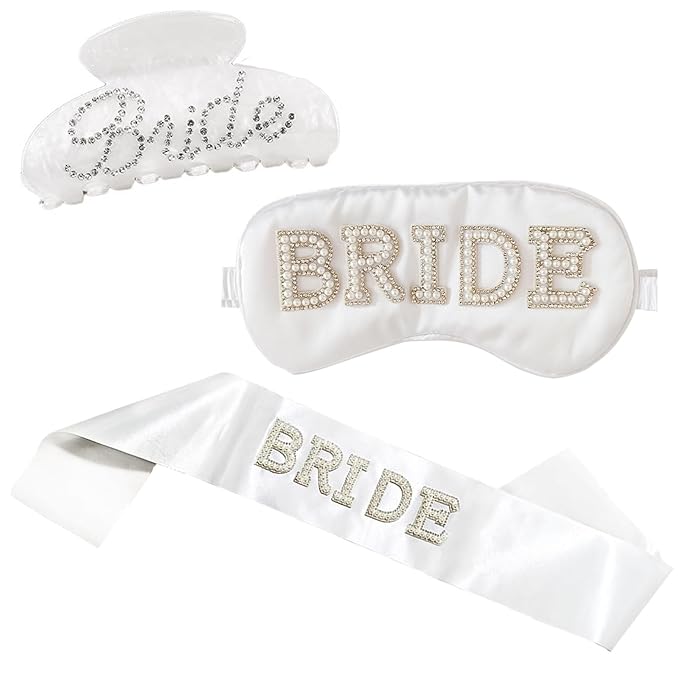 3 Pcs Bride Hair Clip, Bride Claw Clip Sash and Sleep Mask, Bridal Claw Clips Eye Mask, Bachelorette Sash, Bridal Bachelorette for Party Hair Clips, Bridesmaid Wedding Accessories Party Gifts