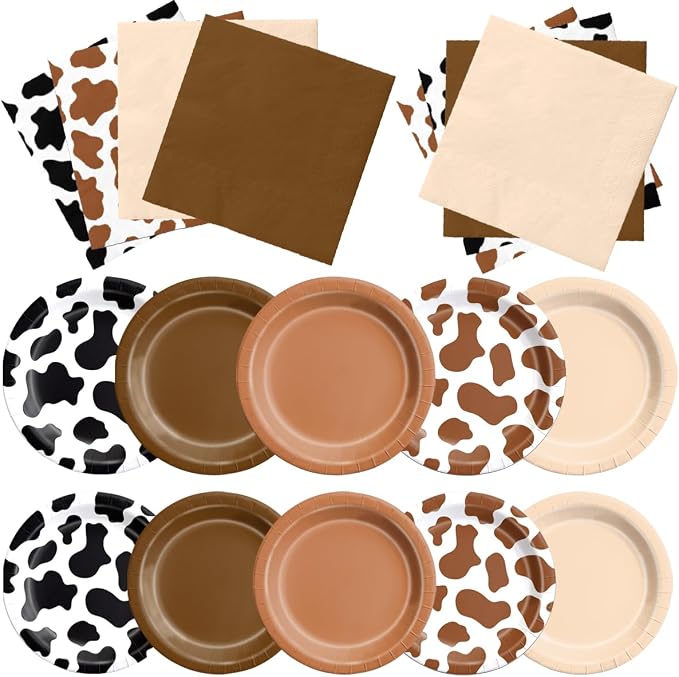 CMUSKO Cowboy Party Decoration - 60Pcs Brown Cow Print Plates & Napkins Set Farmhouse Western Party Supplies for Baby Shower,Birthday