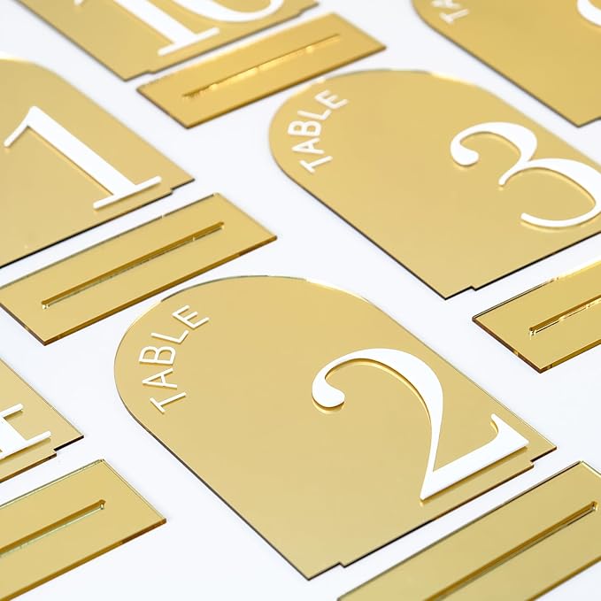 Gold Mirror Arch Table Numbers 1-20 with Stand, 20 Pack 5x7 Inch Gold Acrylic Signs with White Numbers, 3D Arched Acrylic Table Numbers 1-20 for Wedding Reception