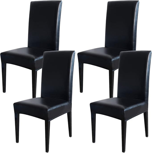 Qubjus Dining Chair Covers, Solid Pu Leather Waterproof Oilproof Stretch Dining Chair Protector Cover Slipcover (Black, 4 Pack)