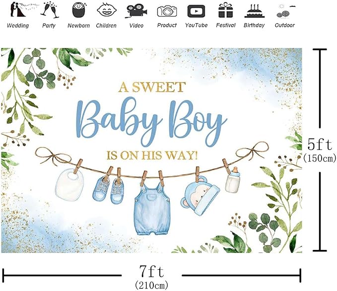 7x5ft Cute Clothes Baby Shower Backdrop for Boys a Sweet Baby Boy is on The Way Newborn Kids Blue Leaves Gold Dots Baby Shower Party Decorations Banner Supplies Photo Booth Props