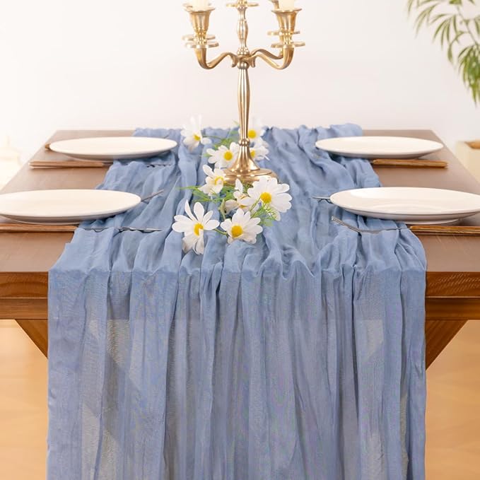 Socomi 6pcs Dusty Blue Summer Cheesecloth Table Runner Boho Rustic Gauze 120 inch 10FT Cheese Cloth Sheer Runner for Wedding Party Baby Shower Birthday Home Decor Holiday Decorations
