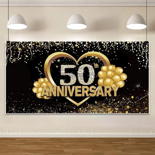 Chloroplast 20x10ft 50th Wedding Anniversary Backdrop Black Gold Glitter Spots Diamond 50th Anniversary Background for Photography Party Banner Supplies Photo Booth Props