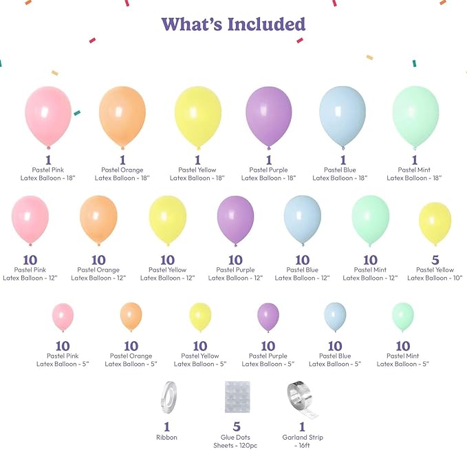 AFTERLOON® Biodegradable Balloons 138pcs Pastel Rainbow Assorted Different Sizes 18" 12" 10" 5" Balloon Garland Arch Kit for Birthday Party Decorations, Graduation, Baby Shower, Wedding, Anniversary