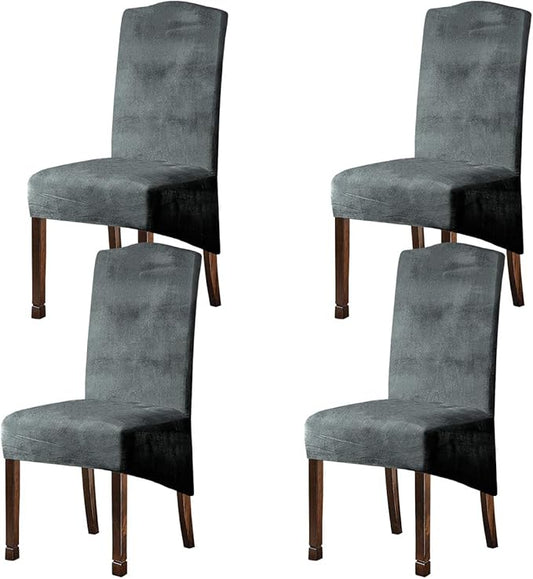 Velvet Plush XL Dining Chair Covers, Stretch Chaircover, Spandex High Chairs Protector Covers Seat Slipcover with Elastic Band for Dining Room,Wedding, Ceremony, Banquet (Light Grey, Set of 4)