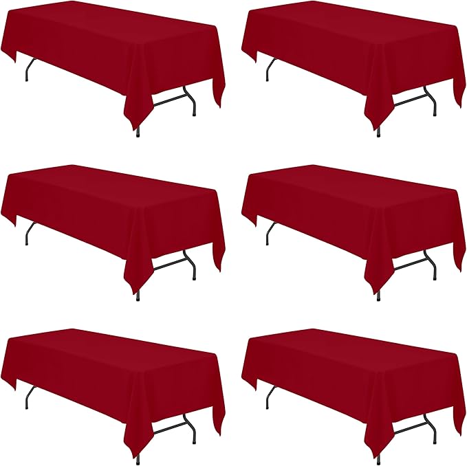 BRILLMAX 6 Pack Burgundy Tablecloths 60 x 126 Inch for 8ft Rectangle Tables - 150 GSM Polyester Fabric, 15" Standard Drop, Water, Stain & Wrinkle Resistant Cloth Cover for Wedding Dining Buffet