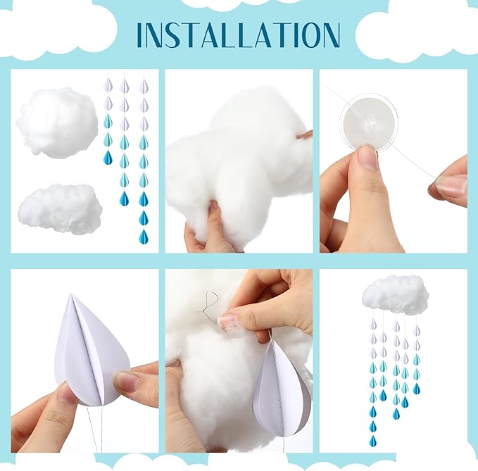 Amyhill 30 Pcs Artificial Cloud Raindrop Props 6 Pcs 3D Fake Clouds 24 Raindrop Garlands Room DIY Decorative Hanging Ornament Blue Hanging Rain Drops Decor for Baby Shower Birthday Wedding Party