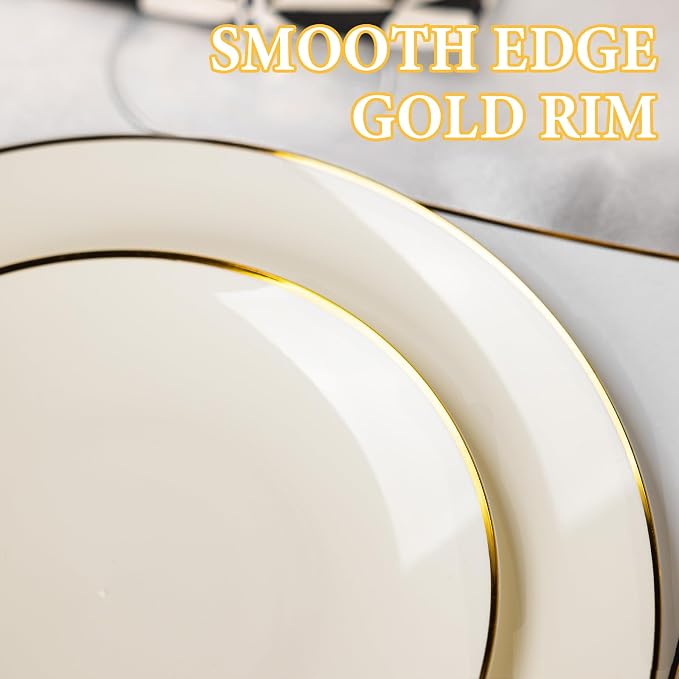 Lullaby 100PCS Ivory and Gold Plastic Plates, Disposable Ivory Plastic Plate with Gold Rim, 50PCS Dessert Plates 7" and 50PCS Dinner Plates 10", Perfect for Party Wedding and Daily Use