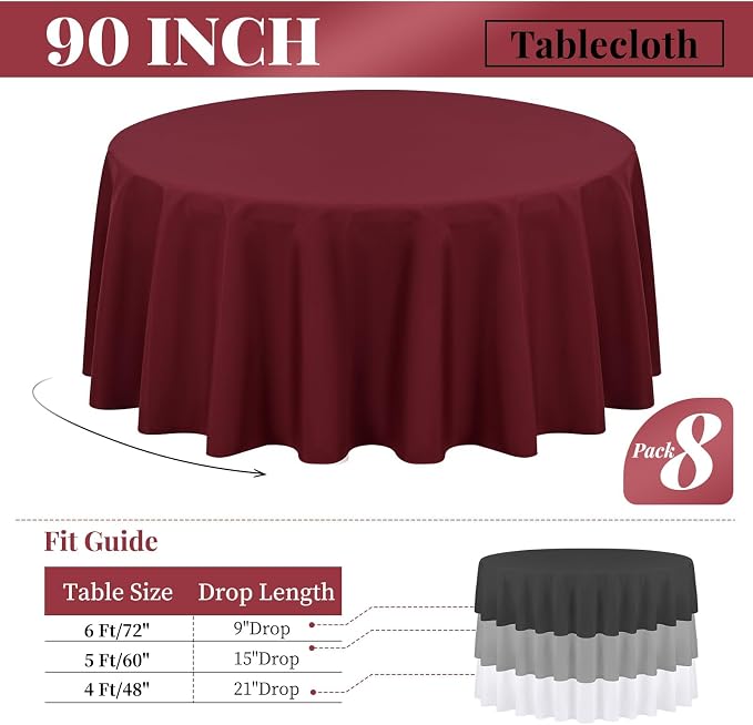 fani 8 Packs Burgundy Round Tablecloth - 90 Inch, Premium Polyester Table Cloth for Round Tables, Washable Fabric Table Covers for Wedding, Party, Banquet, Dining Tables and Camping