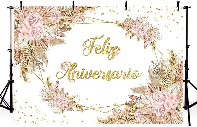 MEHOFOND 10x7ft Boho Feliz Aniversario Backdrop Mr and Mrs Engagement Banner Bohemia Happy Anniversary Wedding Valentines Decorations Blush Pink Floral Photography Background Studio Props