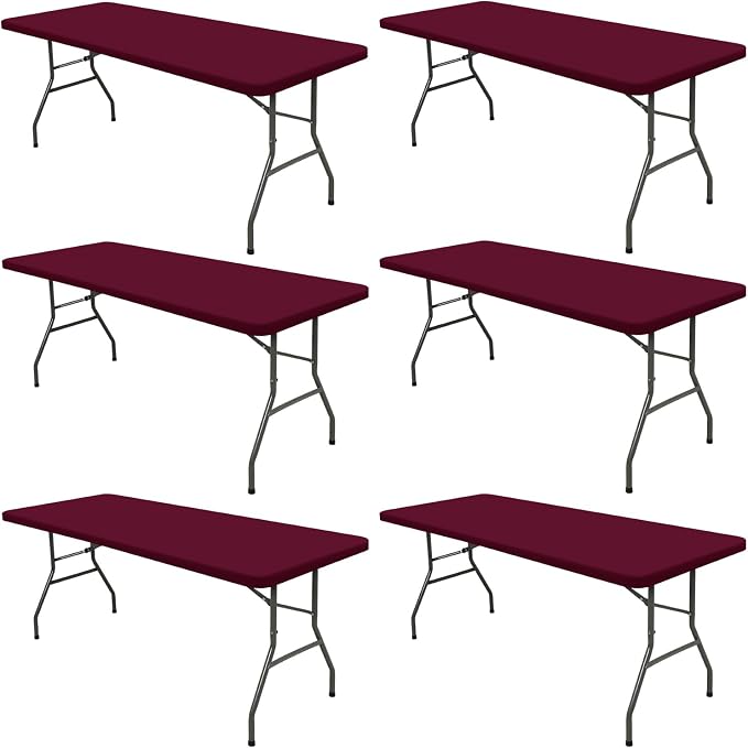 6 Pack 6 Foot Picnic Table Cover Fitted Elastic Tablecloth for Rectangle Tables Waterproof Stretch Washable Folding Indoor Outdoor Spandex Table Cloth for Parties Banquet Camping (Wine Red,30" x 72")