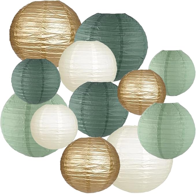CC wonderland zone 12pcs Sage Green Gold Paper Lanterns,Hanging Paper Lanterns for Bridal Enchanted Forest Shower Rustic Neutral Boho Birthday Wedding Home Decor Party Decoration