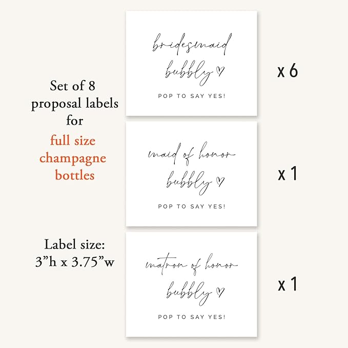 Bridesmaid Bubbly - Set of 8 Waterproof Champagne Bottle Labels, Proposal Idea for Bridesmaids, Maid of Honor & Matron of Honor