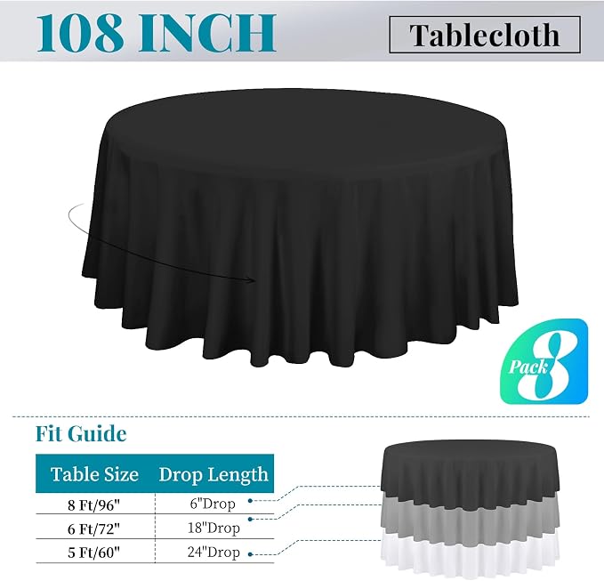 fani 8 Pack 108 Inch Round Black Polyester Tablecloth, Wrinkle & Stain Resistant, Perfect for 6ft & 8ft Round Tables, Formal & Casual Events