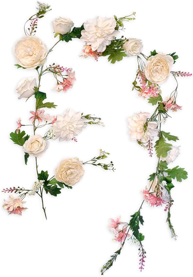 Artificial Peony Garland, 180cm/6FT Length, Fake Rose Vines, Center Flower Decoration, Hanging Silk Flowers for Wedding Decor Home Table Runner Mantle Party Decor (Champagne Peony Garland)