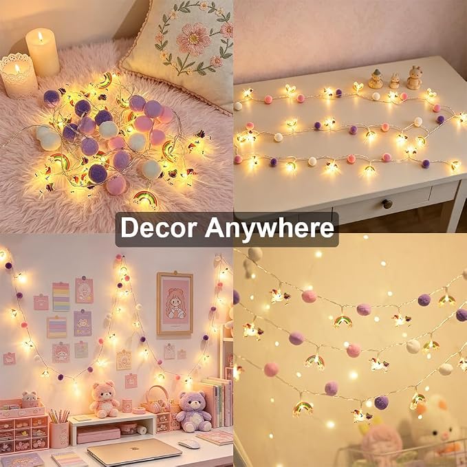 ChiRee Indoor String Lights 9.85 Ft Unicorn Rainbow String Lights with Pom Poms, 20 LED Battery Operated Fairy Lights with Timer & 8 Flash Modes, Cute Kids Girls Boys Bedroom Nursery Play Tent Decor