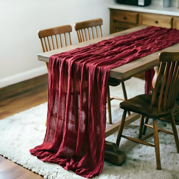 LINXTAR Burgundy Cheesecloth Table Runner 120 Inches 10Ft Gauze Summer Boho Table Runner for Wedding Tea Party Baby Shower Bridal Birthday Home Decoration