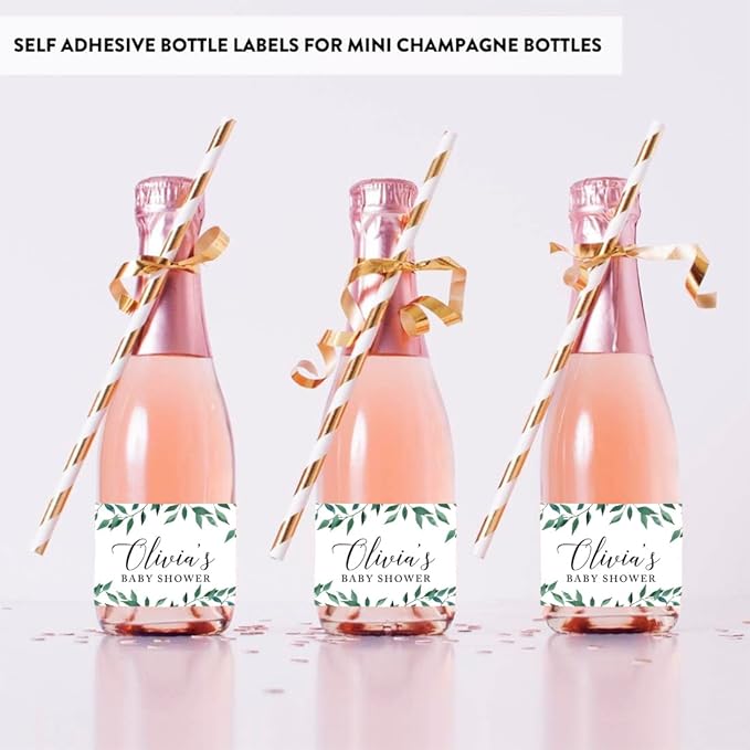 Andaz Press Personalized Mini Champagne Wine Bottle Labels, Olivia's Baby Shower, Date, Greenery Green Leaves, 20-Pack, Custom Mini Champagne Favor Gift Labels Stickers for Baby Shower