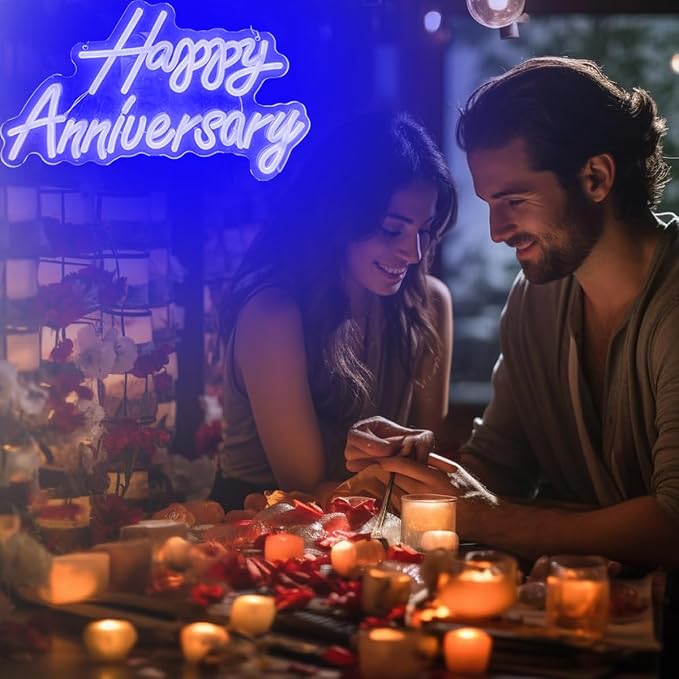 Happy Anniversary Neon Sign - Wedding Birthday Party Decoration Neon Light for Bedroom,Living,Home Bar Valentine's Day Anniversary Decor Gift (blue)
