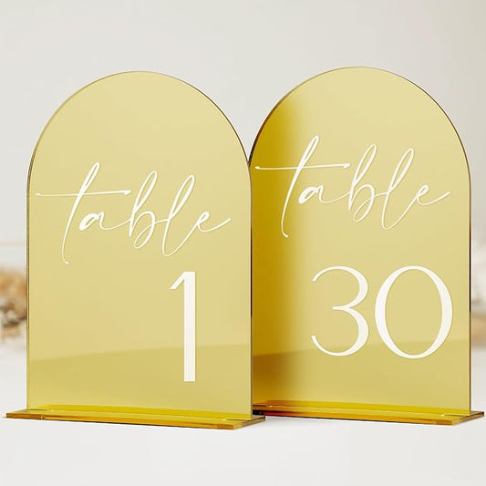 HOODO Gold Mirror Acrylic Wedding Table Numbers 1-30 with Stands, 5"x7" Arched Acrylic Place Cards and Holders, Gold Mirror Arch Table Numbers for Wedding Reception, Party, Anniversary, Event