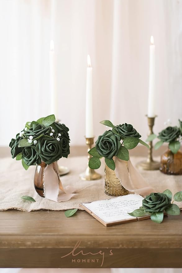 Ling's moment Artificial Flowers 25Pcs Emerald Green Roses Decor w/Stems,3" DIY Foam Floral for Wedding Bouquet/Centerpieces, Outdoors Party Backdrop, Room/Table, and Garden/Pot Decorations