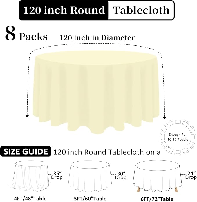 8 Pack Beige Round Tablecloth 120 Inch Beige Table Cloth Stain and Wrinkle Resistant Reusable and Washable Polyester Fabric for Buffet Wedding Party and Banquet