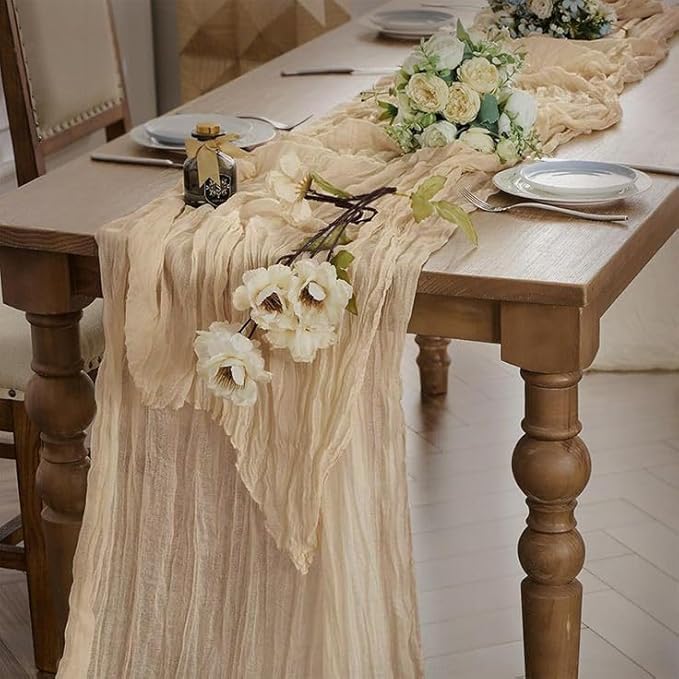 8 Pack 10Ft Beige Boho Gauze Cheesecloth Table Runner Long Wrinkled Sheer Romantic Table Cloths for Wedding Bridal Shower Birthday Party Table Decor