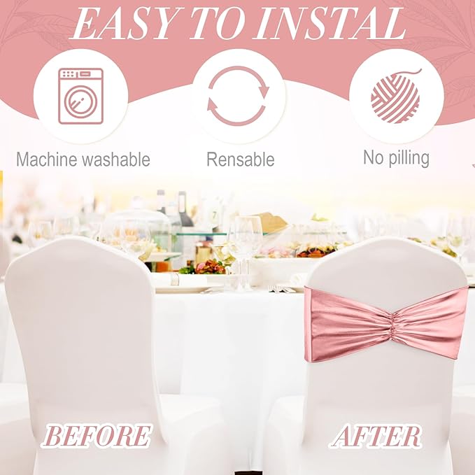 Hahafelt 100 pcs Chair Sashes Shiny Bow Spandex Bands for Chair Wedding Banquet Parties Reception Restaurant Decoration, Rose Gold
