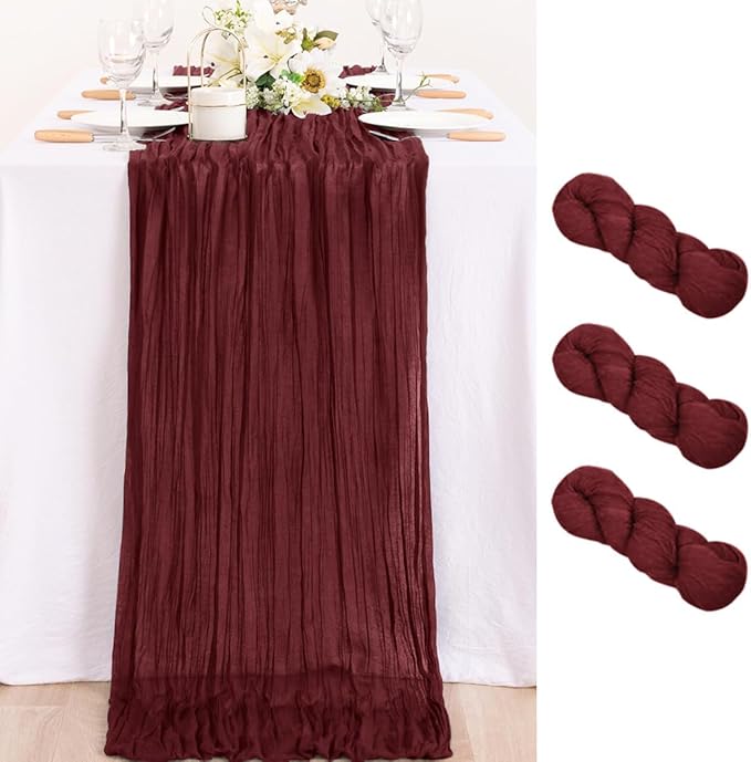 MLMC 3 Pack Burgundy Red Table Runner 10ft Rustic Gauze Wine Red Cheese Cloth Table Runner Cheesecloth Centerpiece for Wedding Holiday Anniversary Events Decor