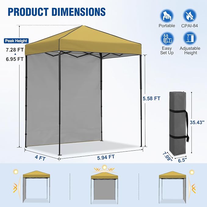 6x4 Pop Up Canopy Tent with One Wall Panel, Instant Portable Beach Canopy, Outdoor Tent with Carry Bag for Camping, Sports, Tailgating, Events, Beige