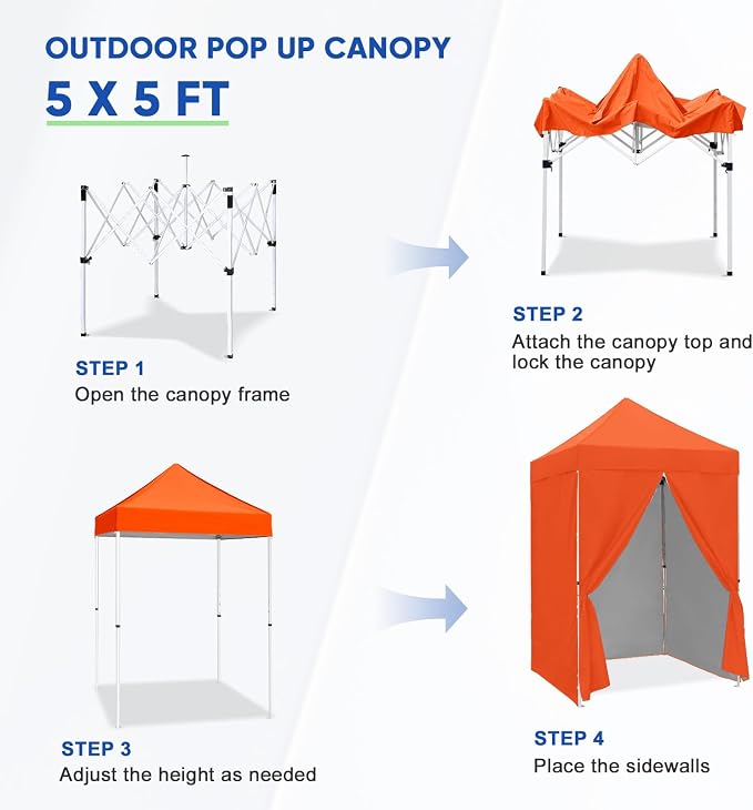 COOS BAY 5x5 Pop Up Canopy Tent with Side Walls, Easy Setup Portable Sun Shelter with Carry Bag, Outdoor Shade for Beach, Camping, Sports & Backyard, Orange