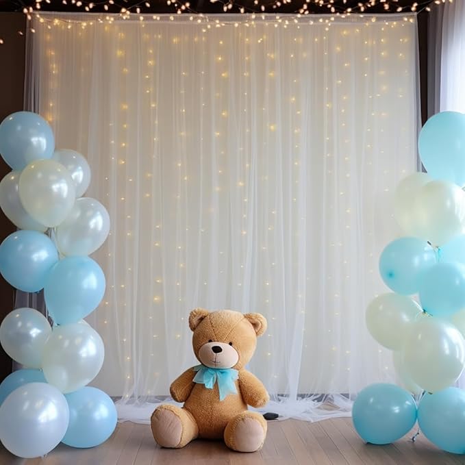 10x10ft White Tulle Backdrop Curtain with Lights String for Parites, Sheer Photo Backdrop Drapes with Lights for Wedding Ceremony Reception Baby Shower Bridal Shower Birthday Party Decorations