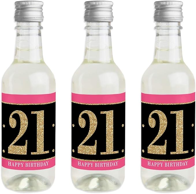 Big Dot of Happiness Finally 21 Girl - 21st Birthday - Mini Wine and Champagne Bottle Label Stickers - Birthday Party Favor Gift for Women and Men - Set of 16
