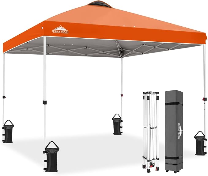 EAGLE PEAK Pop Up Canopy Tent with Wheeled Carry Bag, 8 Stakes, 4 Ropes, 4 Weight Bags, Easy Set Up Tent Canopy, 10x10 ft, 100sqft of Shade, Orange