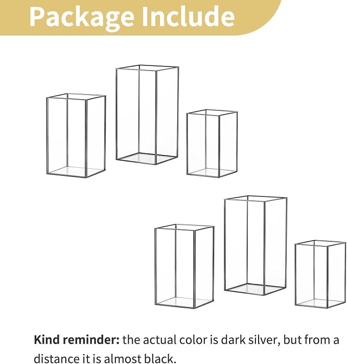 Nuptio Glass Candle Holders Hurricane Holder for Pillar Candles 6 Pcs Black Metal Candle Holders Large Rectangular Candleholder Vase Centerpieces Decoration for Wedding Fireplace 9.5 & 8.1 & 6.5 inch
