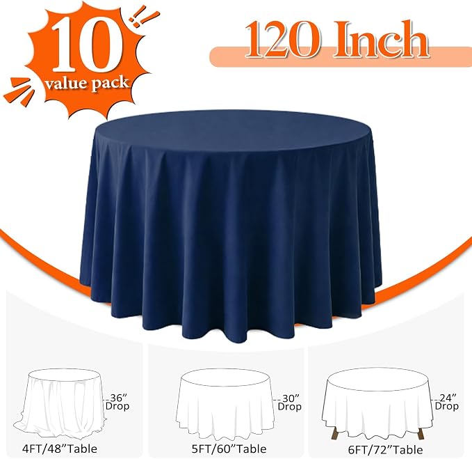 10 Pack Navy Blue Round Tablecloth 120 Inch Round Table Cloth Wrinkle Resistant Navy Blue Tablecloth Washable and Reusable Polyester Fabric Table Covers for Banquet Wedding Party Dining Buffet