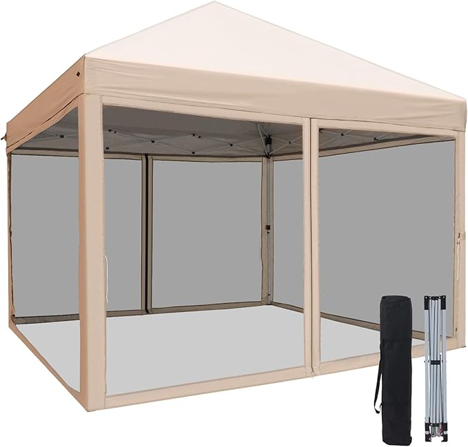 10x10 Pop Up Canopy Tent with Mosquito Netting, Ez Up Portable Waterproof Instant Outdoor Screen Shelter, Pop Up Tent for Patio, Backyard, Parties, Camping and Events, Beige