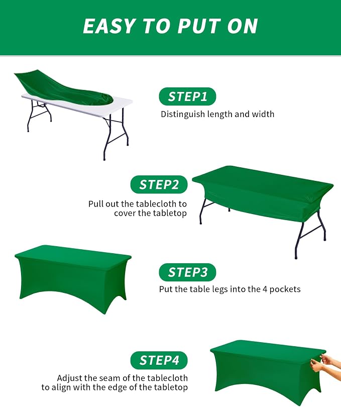 Fixwal 6 Pack 6Ft Green Table Cover, Spandex Fitted Tablecloths Rectangle, Wrinkle-Free and Stretch Folding Table Cloth for Banquet, Wedding, Party, Trade Show