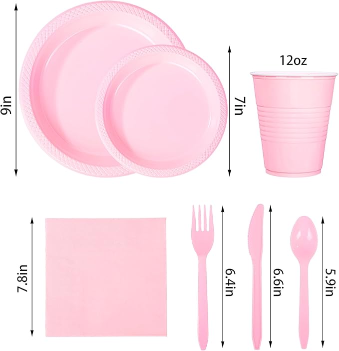 WELLIFE 210 PCS Pink Plastic Plates for 30 Guests - Disposable Dinnerware Set Including Dinner Plates, Dessert Plates, 12oz Cups, Cutlery & Napkins, Pink Party Plates