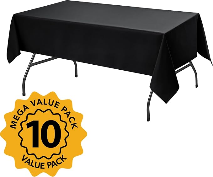10-Pack Black Tablecloths for Rectangle Tables, 54 x 108 Inches, Stain-Resistant Polyester Fabric for 6 Foot Tables - Washable Table Covers for Weddings, Banquets, Birthday Parties, Events
