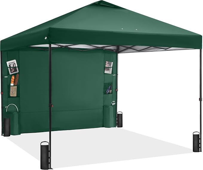 GAFETE 10×10 Pop Up Canopy Tent with 1 Pockets Sidewall, Easy up Sun Shade with One Push Setup, Portable Instant Outdoor Canopy Tent for Events Parties Camping with Carrying Bag (Green, 10x10 FT)
